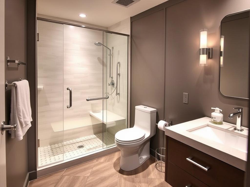 Bathroom with safety features like grab bars and non-slip flooring showing home kitchen and bathroom remodeling benefits for accessibility Bathroom with safety features like grab bars and non-slip flooring showing home kitchen and bathroom remodeling benefits for accessibility