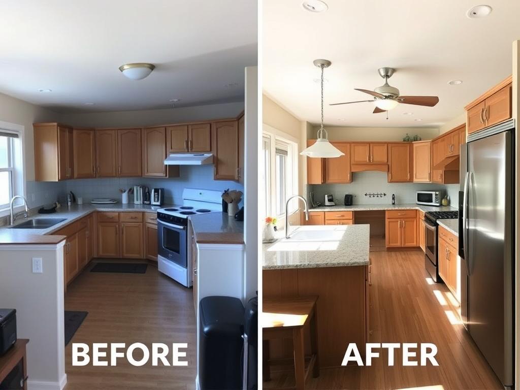 Before and after kitchen remodel showing improved layout and functionality demonstrating home kitchen and bathroom remodeling benefits Before and after kitchen remodel showing improved layout and functionality demonstrating home kitchen and bathroom remodeling benefits