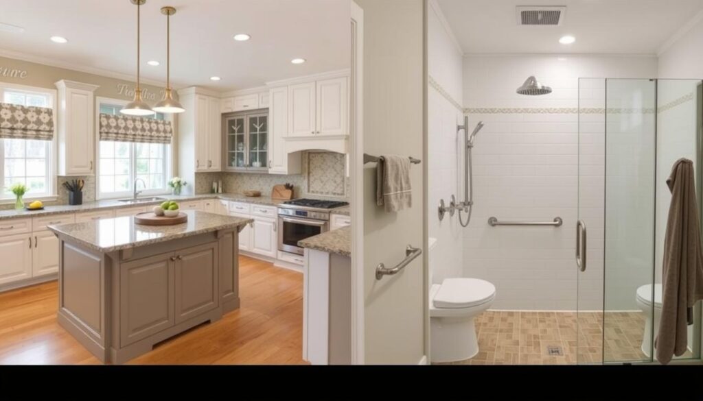 Custom kitchen island designed for family gatherings and accessible bathroom features showing personalized home kitchen and bathroom remodeling benefits Custom kitchen island designed for family gatherings and accessible bathroom features showing personalized home kitchen and bathroom remodeling benefits
