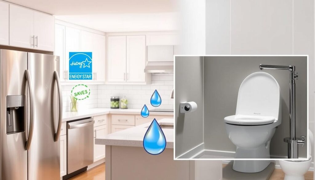Energy-efficient kitchen appliances and bathroom fixtures showing water and energy savings as home kitchen and bathroom remodeling benefits Energy-efficient kitchen appliances and bathroom fixtures showing water and energy savings as home kitchen and bathroom remodeling benefits