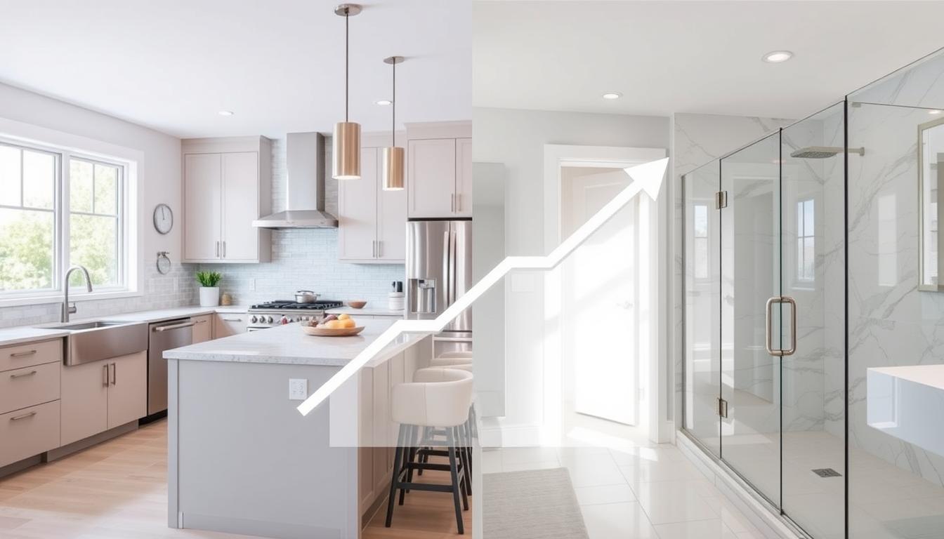 Modern kitchen and bathroom remodel increasing home value with real estate chart overlay showing home kitchen and bathroom remodeling benefits