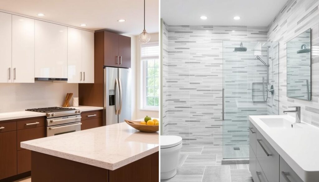 Modern low-maintenance kitchen and bathroom materials reducing cleaning time as home kitchen and bathroom remodeling benefits Modern low-maintenance kitchen and bathroom materials reducing cleaning time as home kitchen and bathroom remodeling benefits
